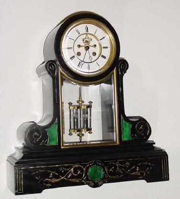 C.1890, French, black marble with green malachite inserts mantel clock, 8-day time/strike. — Antique Clocks Price Guide