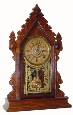 C.1904, E. Ingraham & Co., "Cadet", 8-day time/strike/alarm refinished walnut mantel clock in very nice condition. — Antique Clocks Price Guide