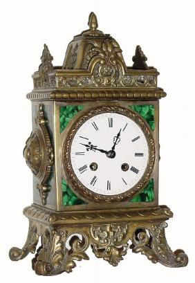 C.1899, Cast brass and malachite inlay mantel clock, 8-day time/strike, in generally good condition, now with a Tiffany movement. — Antique Clocks Price Guide