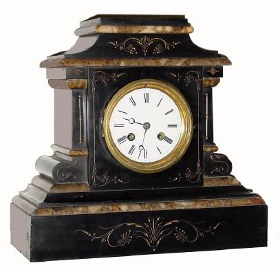 C.1900, French, black marble mantel clock, 8-day time/strike, with contrasting marble in good condition. — Antique Clocks Price Guide