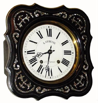 C.1890 French Comptoise, 8-day time/strike bakers clock in very nice condition with original finish, black painted case with mother-of-pearl inlay. — Antique Clocks Price Guide