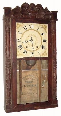 C.1835, Henry Terry & Co., Plymouth, Conn., 30-hour time/strike wood movement carved columns and splat shelf clock in good condition. — Antique Clocks Price Guide