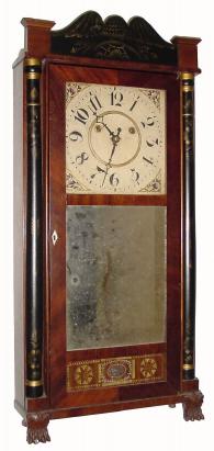 C.1835, Silas Hoadley, Plymouth Conn., 30-hour time/strike upside down wood movement half column and splat shelf clock in generally good condition. — Antique Clocks Price Guide