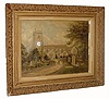 C.1870, French, Picture Clock, the small clock dial showing through a hole in the canvas, situated to give the appearance of being the clock in the church bell tower, and in generally fair to good original condition.