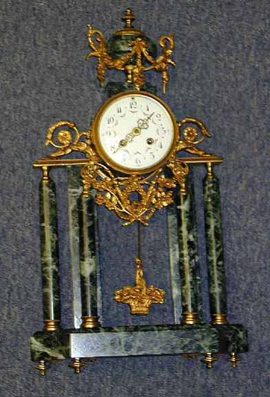 A LOUIS XVI STYLE GILT METAL MOUNTED GREEN MARBLE MANTLE CLOCK, — Antique Clocks Price Guide