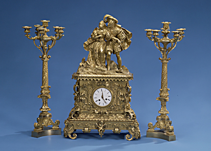 A CHARLES X STYLE GILT BRONZE ASSEMBLED CLOCK GARNITURE. mid-19th century. — Antique Clocks Price Guide