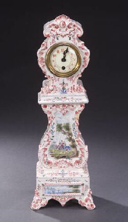 A FRENCH FAIENCE MINIATURE TALL-CASE CLOCK, 19th century, underglaze VP. mark, possibly Marseille. — Antique Clocks Price Guide