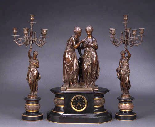 A FRENCH PATINATED BRONZE AND SLATE THREE-PIECE CLOCK GARNITURE, clock by Japy Freres, late 19th century, bronze signed Dubois. — Antique Clocks Price Guide