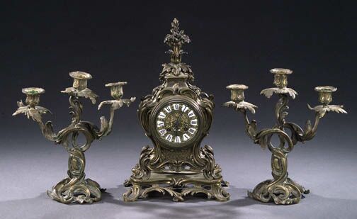 A LOUIS XV STYLE BRONZE THREE-PIECE MANTEL GARNITURE, late 19th century, movement impressed EB, dial inscribed Emile Vie & Cie/Paris. — Antique Clocks Price Guide