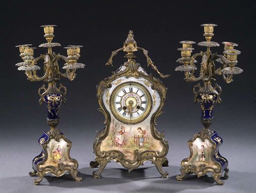 A FRENCH GILT METAL-MOUNTED THREE-PIECE CLOCK GARNITURE, movement by Japy & Cie, late 19th century. — Antique Clocks Price Guide