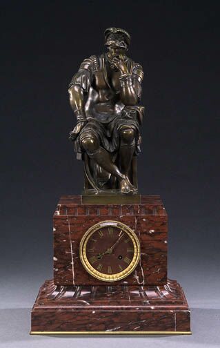 A FRENCH PATINATED BRONZE AND ROUGE MARBLE FIGURAL MANTEL CLOCK, late 19th century, movement stamped Barrard & Vignon, Paris, bronze stamped 'Cie Anonyme des Bronzes/Bruxelles'. — Antique Clocks Price Guide