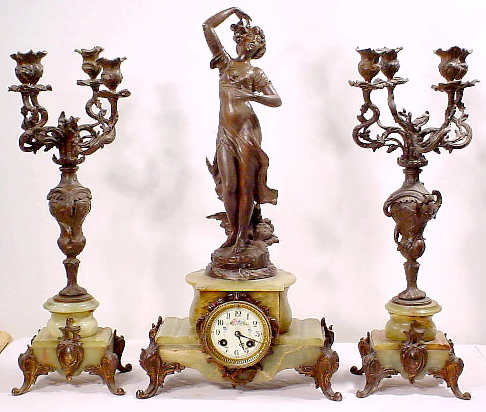 "Langage Des Fluers" three piece — Antique Clocks Price Guide