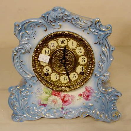 Gilbert No. 438 floral decorated china case clock: — Antique Clocks Price Guide