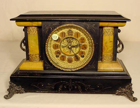 Gilbert Royal mantle clock: original finish; nice bottom label. — Antique Clocks Price Guide
