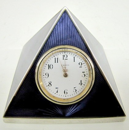 German Sterling w/Purple Enamel Pyramid Clock — Antique Clocks Price Guide