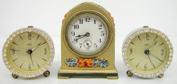 Group of 3 Decorative Metal Keywind Alarm Clocks — Antique Clocks Price Guide