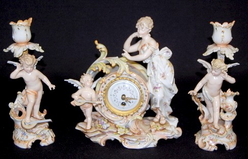3pc Porcelain Cherub Figural Clock Set — Antique Clocks Price Guide