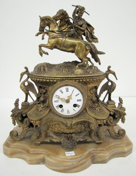 French Ornate Statue Clock w/Horses and Cranes — Antique Clocks Price Guide