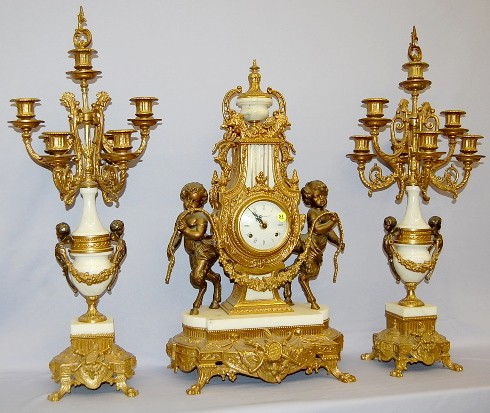 Brass and Marble Figural "Pan" Garniture Set — Antique Clocks Price Guide