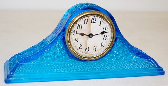 Blue Daisy and Button Pattern Glass Mantle Clock — Antique Clocks Price Guide