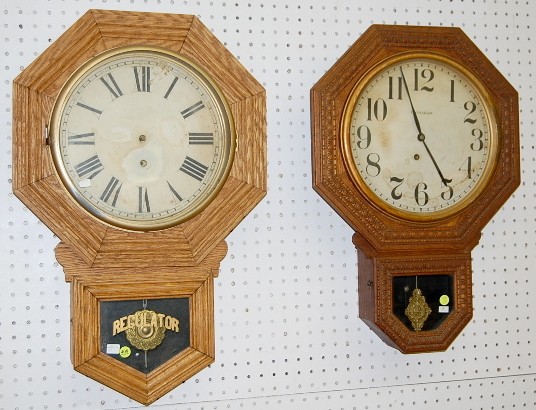 2 Antique Oak Short Drop Schoolhouse Clocks — Antique Clocks Price Guide