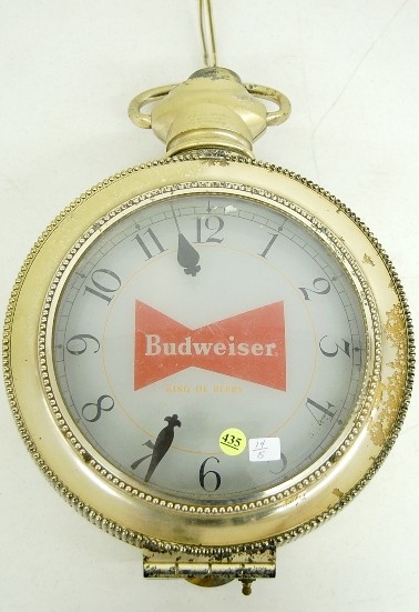 Budweiser Advertising Pocket Watch Shaped Clock — Antique Clocks Price Guide