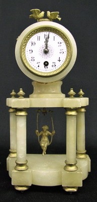 French Alabaster To and Fro Clocks W/ Girl — Antique Clocks Price Guide