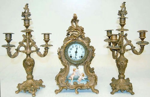 Ansonia 3 Piece Clock Set W/ Porcelain Insert — Antique Clocks Price Guide