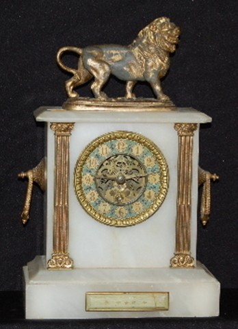 French White Onyx & Metal Lion Statue Clock — Antique Clocks Price Guide