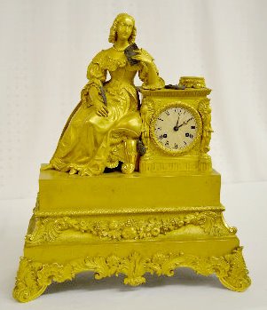 Dore Bronze Mantel Clock, Lady & Feather Pen — Antique Clocks Price Guide