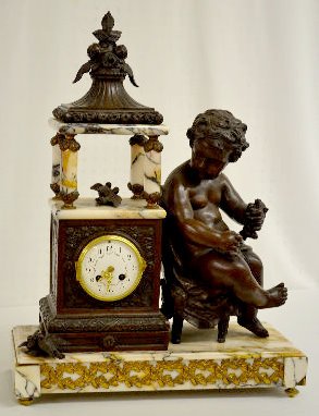 French Bronze & Marble Clock, Large Cherub & Birds — Antique Clocks Price Guide