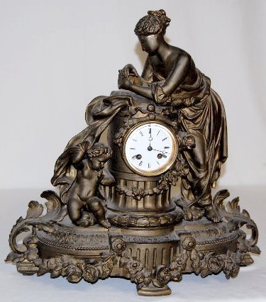 French Statue Clock, White Metal Woman & Child — Antique Clocks Price Guide