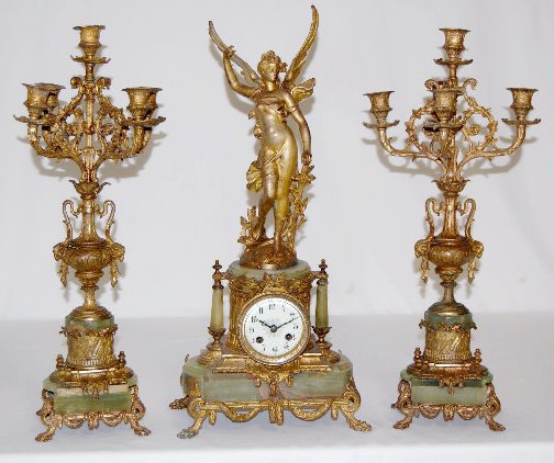 French 3 Pc. Clock Set, "La Victoire" w/Winged Angel — Antique Clocks Price Guide