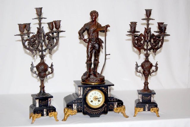 S Martie & Cie 3Pc. Clock Set, Man w/Scythe — Antique Clocks Price Guide