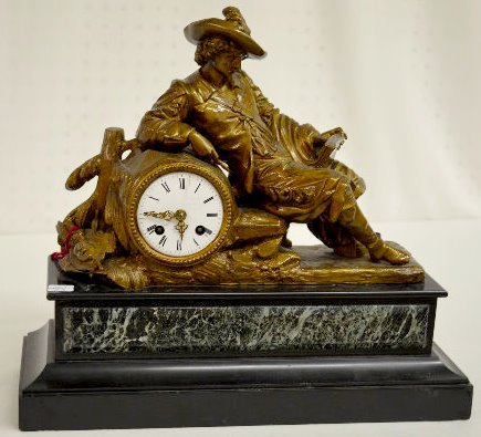 French Figural Mantel Clock, Cavalier Reading — Antique Clocks Price Guide