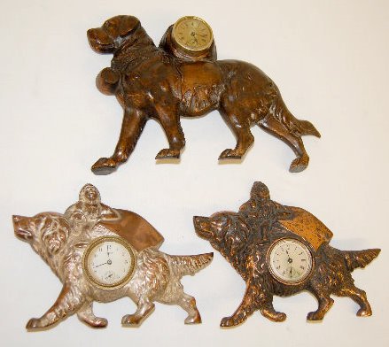 3 Golden Novelty Co. Metal Saint Bernard Clocks — Antique Clocks Price Guide