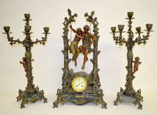 French "Idylle Printaniere" Swingers Clock Set — Antique Clocks Price Guide