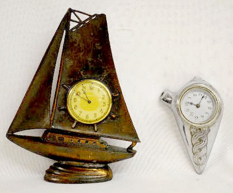 2 Lux Metal Novelty Clocks: Ship & Sea Shell — Antique Clocks Price Guide