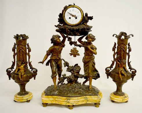 L & F Moreau Marble Garniture Set, Double Statue — Antique Clocks Price Guide