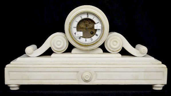 French Marti White Marble Scroll Mantel Clock — Antique Clocks Price Guide