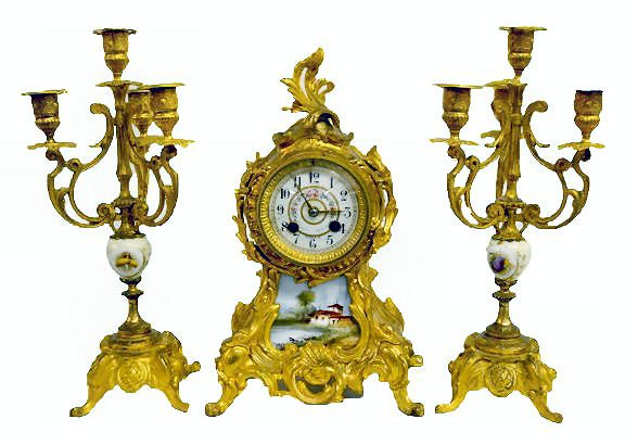 Antique 3 Pc. Garniture Clock Set w/Inset Panel — Antique Clocks Price Guide