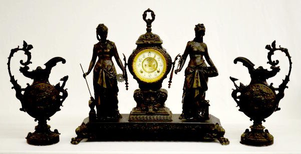 Ansonia Double Statue T&S Clock & 2 Urns — Antique Clocks Price Guide